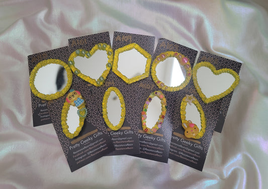 Yellow Glitter Gel Deco Mirror brooch pins - Yellow sparkling trim with colorful pearls