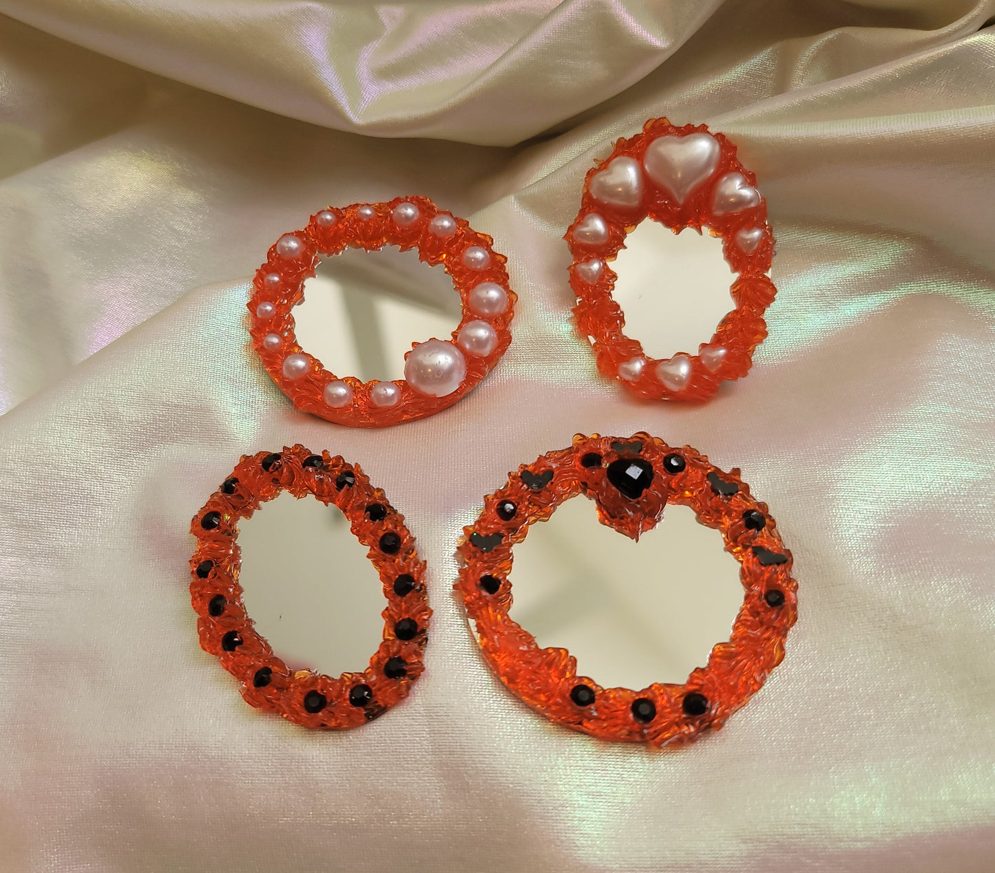 Deco Gel Mirror brooch pins - Orange Cream with Pearls + Gems: Kawaii accessories Halloween lolitafashion Decora j-fashion Gothic Fairy Kei