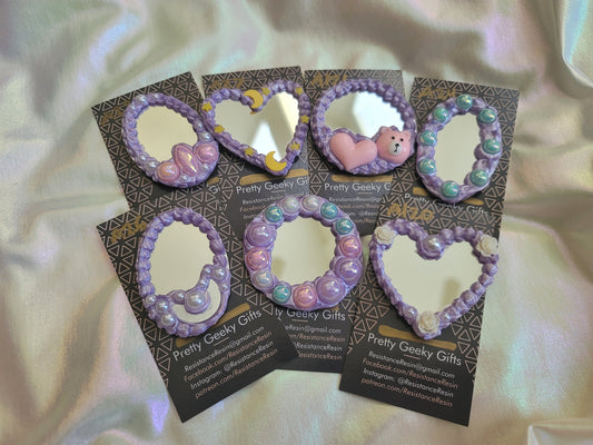 Deco Cream Mirror brooch pins: Metallic Purple Cream with Pearls & Charms, Kawaii accessories cute lolitafashion Decora j-fashion Fairy Kei